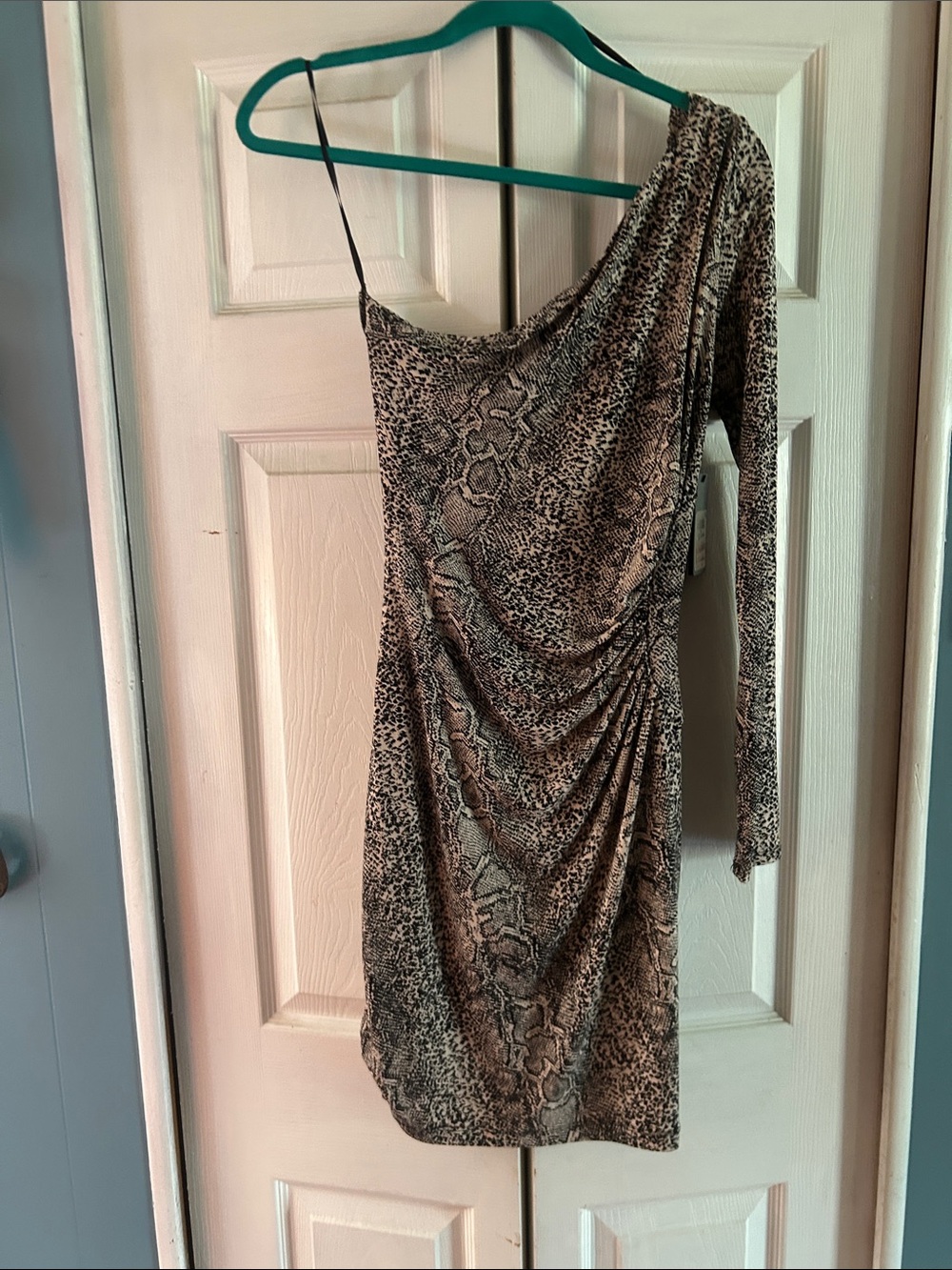 Guess One-Shoulder Snake Print Bodycon Dress in Taupe and Black